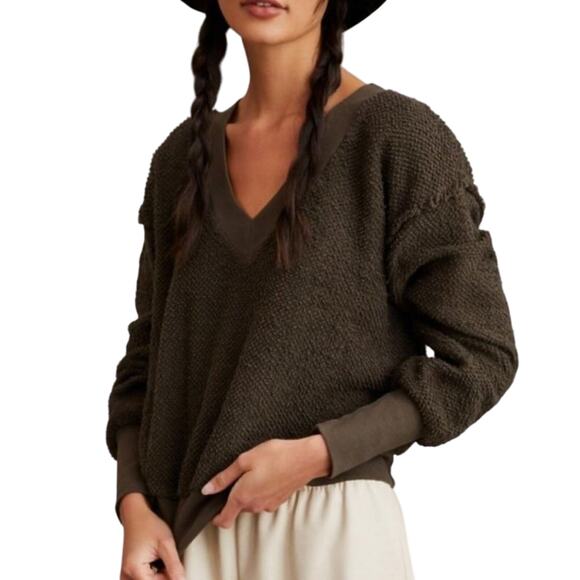 Anthropologie t.la Zuri Fringed Moss V-Neck Sweatshirt, Size S, New with Tag - Picture 1 of 5